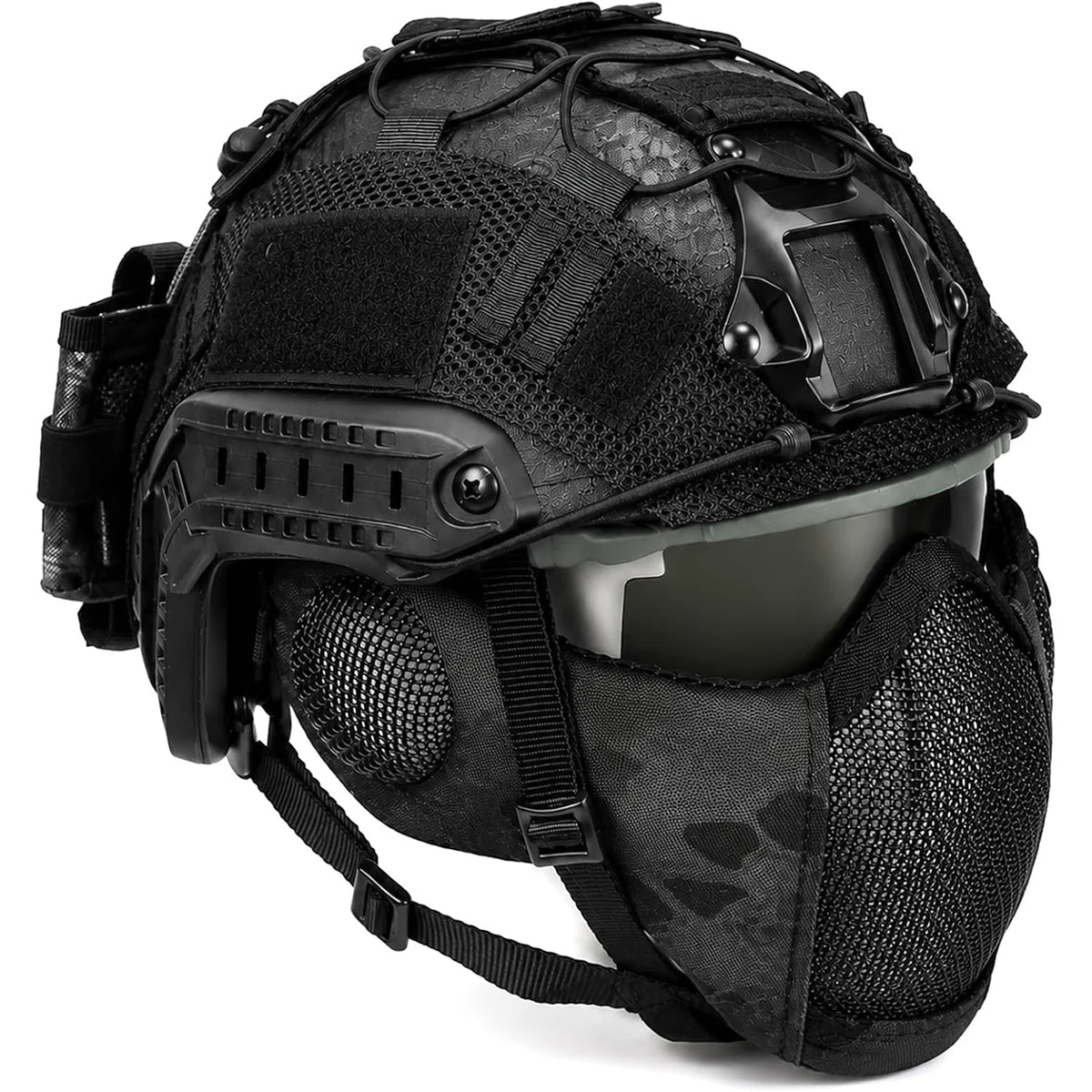 Tactical Airsoft Helmet Set with Mesh Mask Goggles Helmet Cover Rear Battery Pouch with for Paintball Hunting Military Training