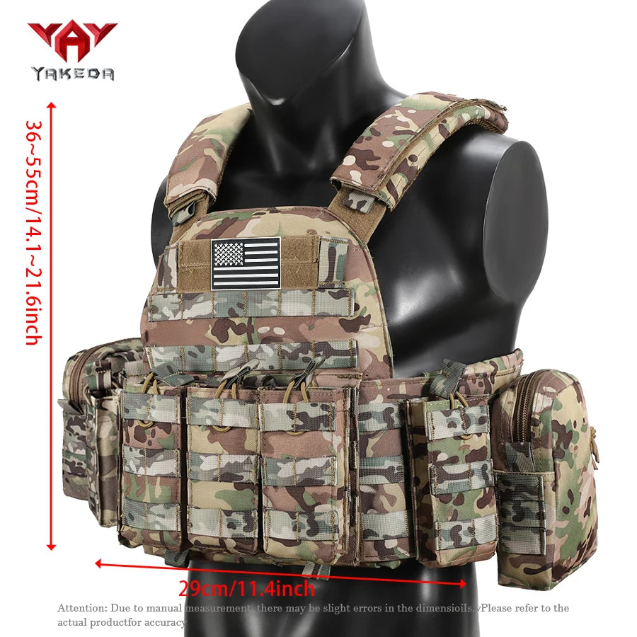 YAKEDA The six piece hunting vest comes with a triple equipment bag and a large miscellaneous bag hanging from the back
