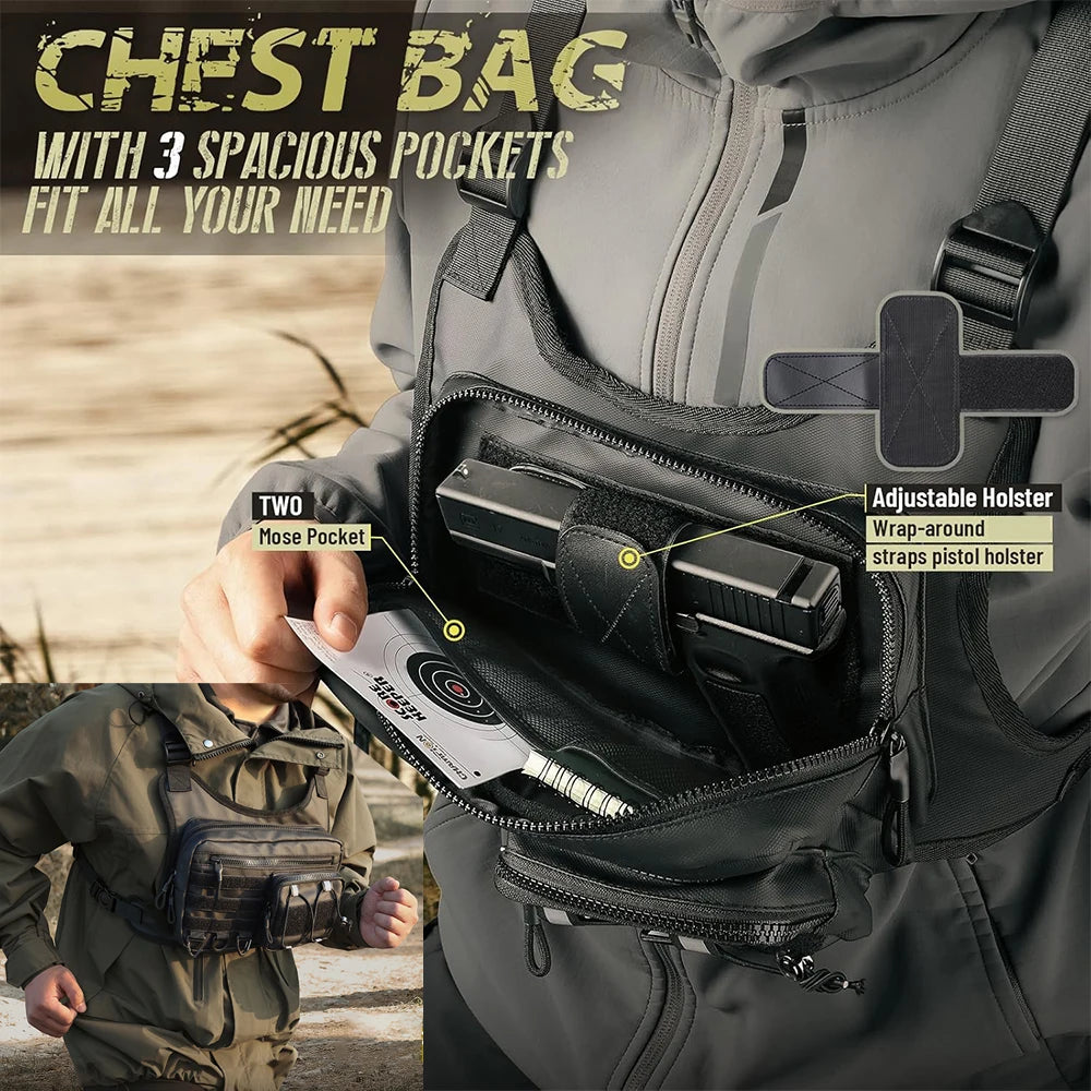 Molle Chest Rig Bag with Gun Holster Pistol EDC Chest Pack Concealed Carry Tactical Chest Holster for Running Hunting Vest Bag