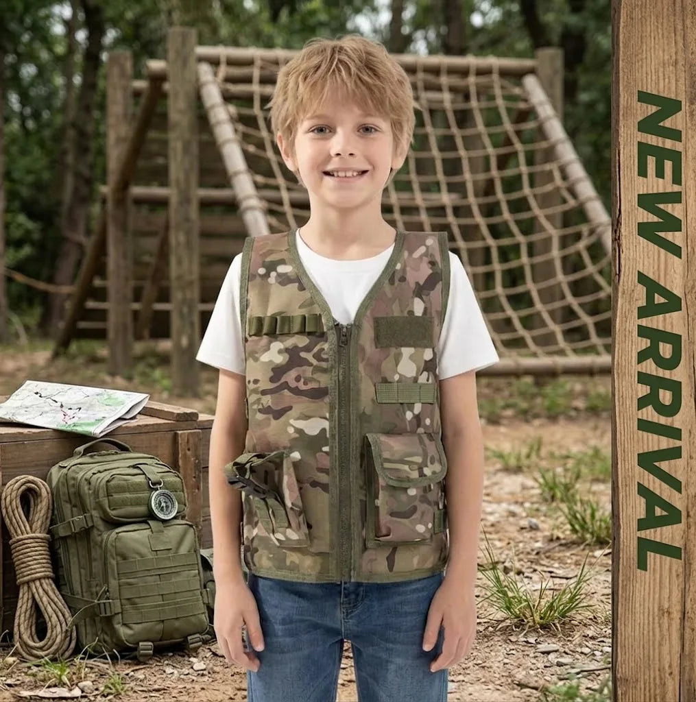 Kid Camouflage Tactical Vest Children Outdoor Multi-Pocket Utility Vest for Camping Hiking Hunting Role Play School Training