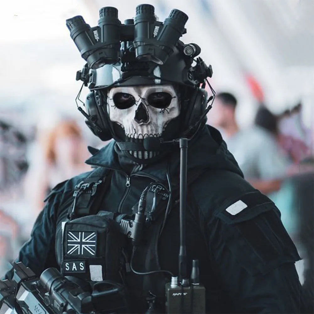 Tactical Airsoft Helmet Set with COD Ghost Skull Mask Communication Headset Foureye NVG Model Signal Light for CS Paintball Game