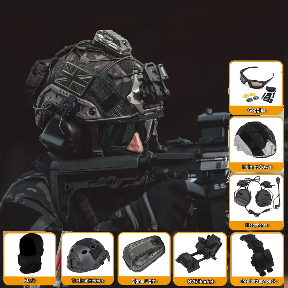 Fast Tactical Helmet Special Forces Equipment Set with Headset NVG Model Mask Goggles Signal Light for Call of Duty CS Cosplay