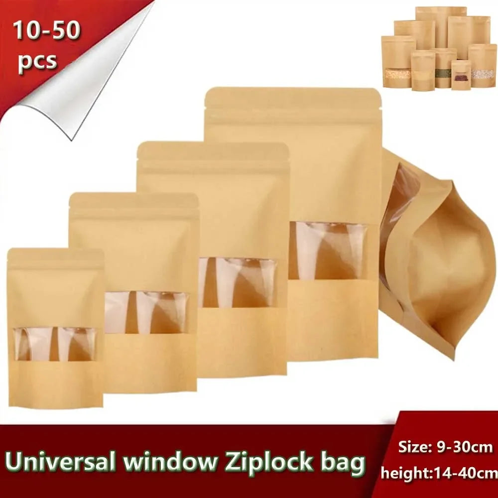 10-50pcs Customizable Logo Zipper Kraft Paper Window Bags for Biscuits Nuts Snacks Tea Packaging Seal Self-Sealing Bags