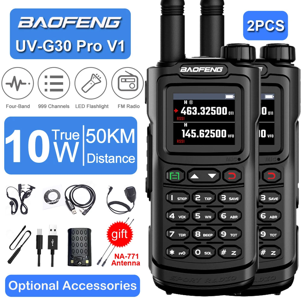 2PCS Baofeng 10W 50KM Walkie Talkie 4-Bands Long Range Hunting Ham Radios Copy Frequency 999CH NOAA Two-Way Radio UV-G30 Pro V1