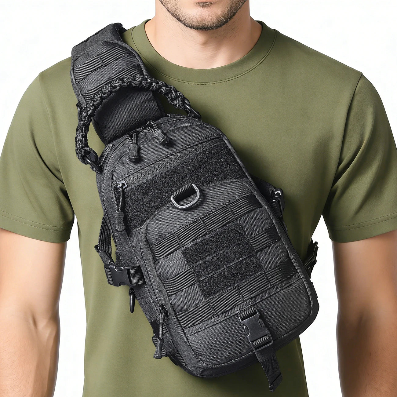 Outdoor sports multifunctional chest bag and crossbody bag with MOLLE webbing system layered design for easy access