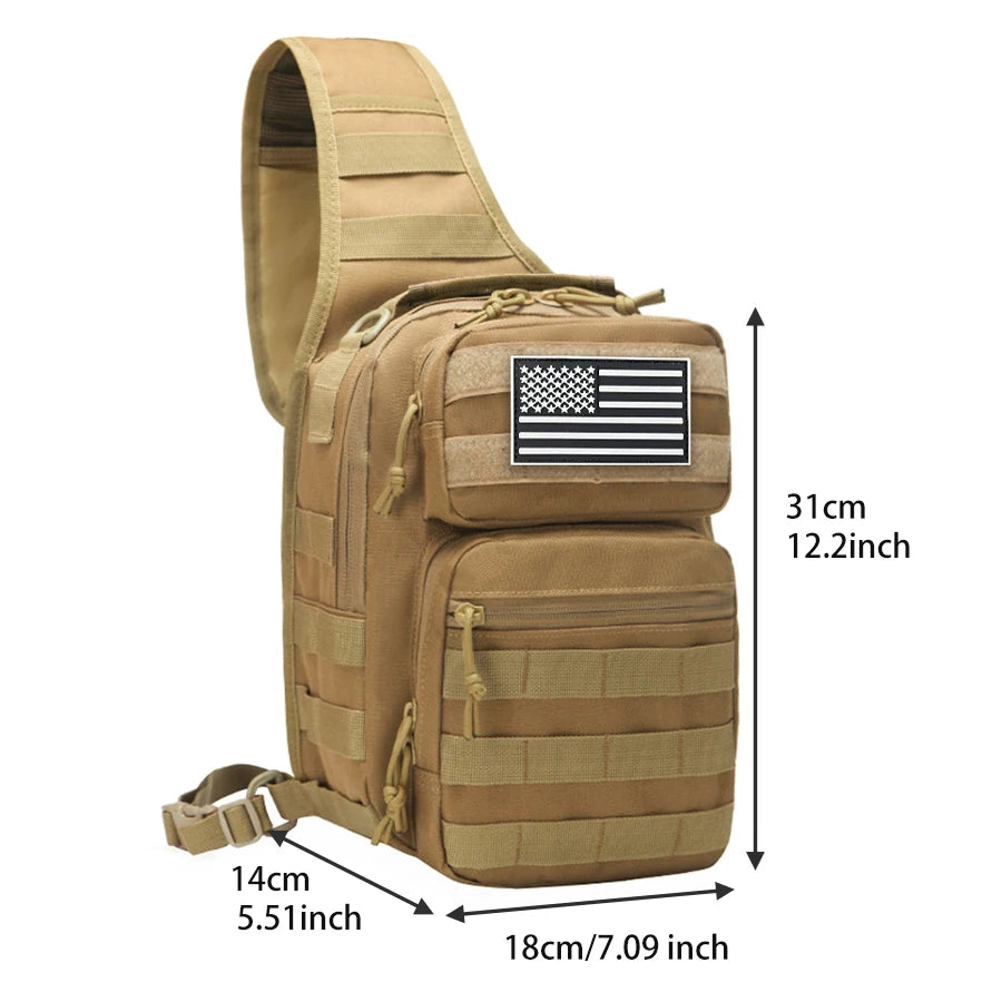 Large shoulder bag with adjustable shoulder strap and MOLLE extended webbing, multi compartment layered outdoor chest bag