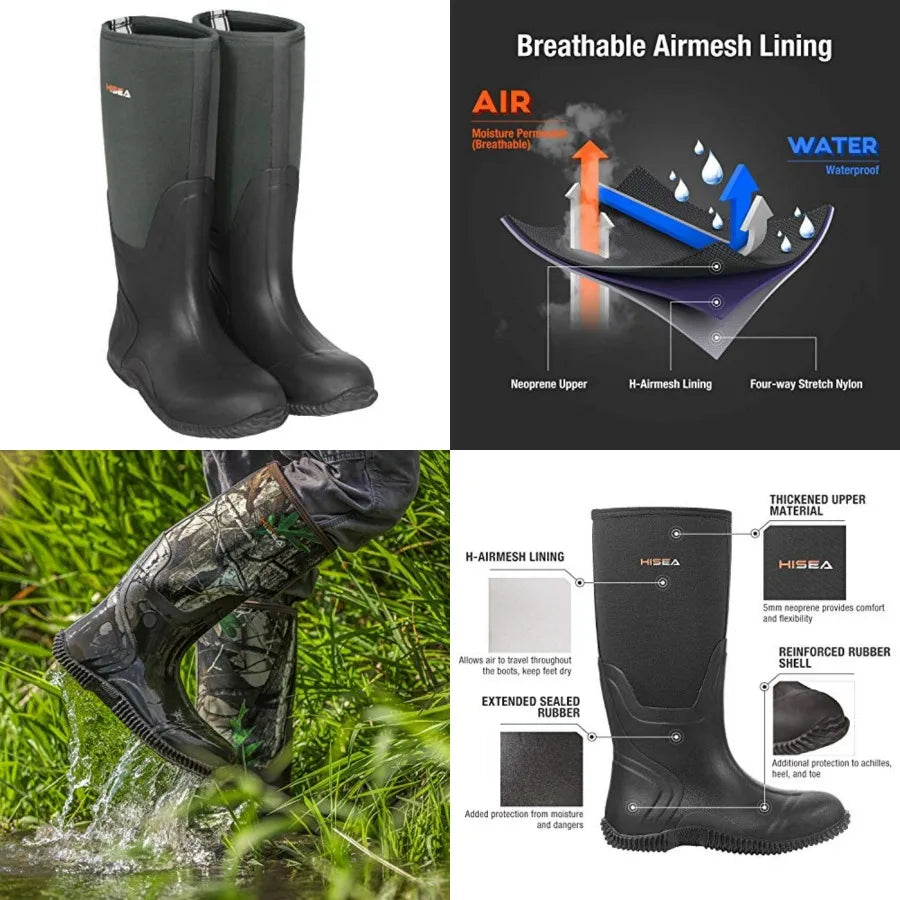 HISEA Men's Rain Boots, Waterproof Durable Insulated Rubber Boots for Men, 5 mm Neoprene Outdoor Mud Fishing Hunting Boots for