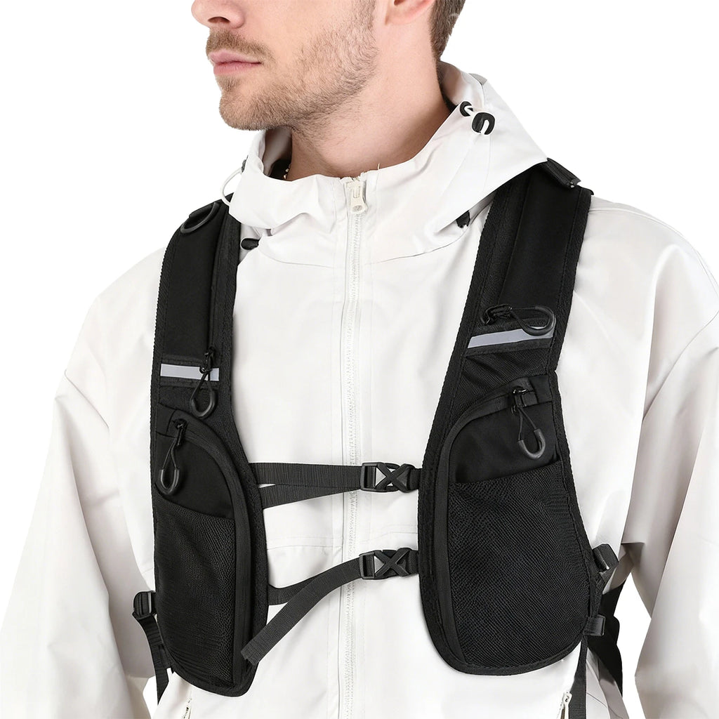 Black jacket vest with multiple pockets, quick release buckle for adjustable waist, outdoor sports reflective tape