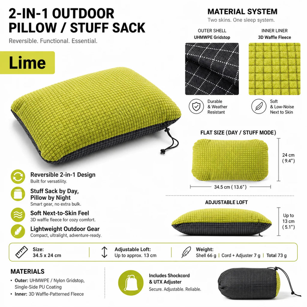 2 in 1  Reversible Stuff Sack Pillow Ultralight 73g UHMWPE Nylon 3D Waffle Fleece Camping Hiking Backpacking Pillow Storage Bag