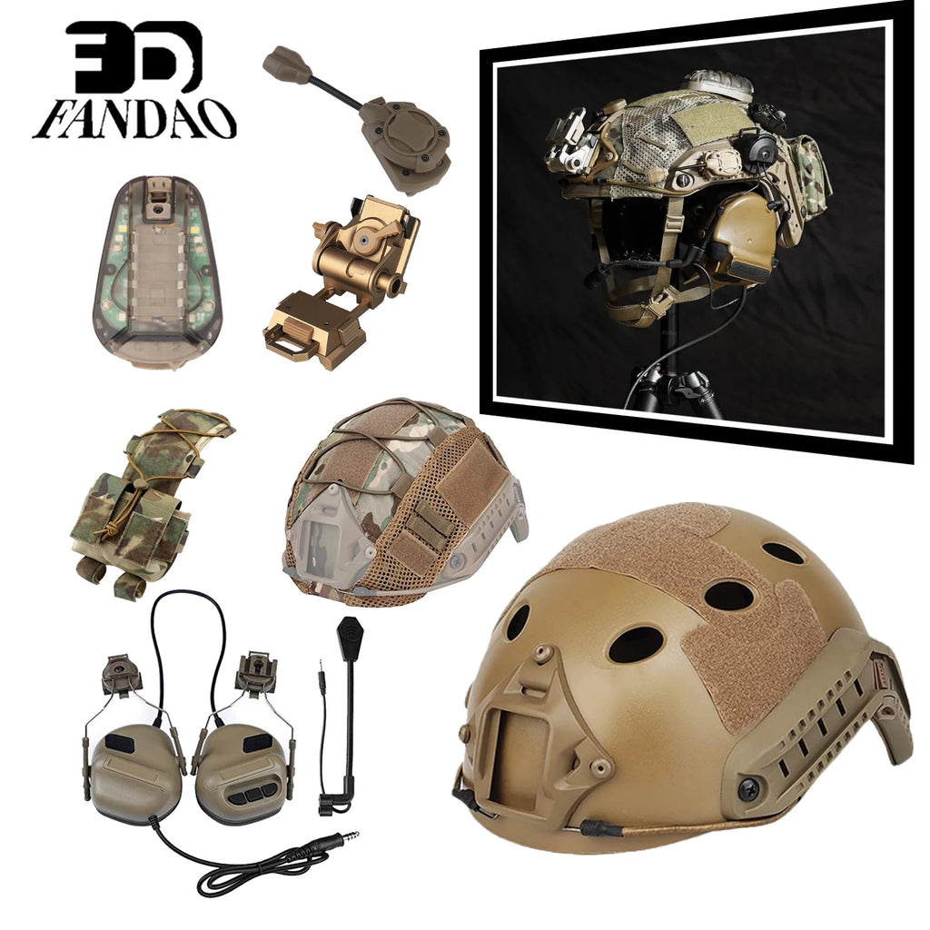Airsoft Helmet Sets,with Tactical Headset LED Helmets Light Camouflage Helmet Cover NVG Mount,for Hunting Paintball Shooting