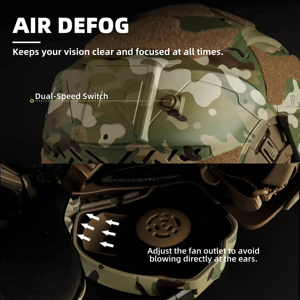 Assault Ⅱ Airsoft Helmet Full Face, Tactical Helmet with HD Headset Anti-Fog Fan 2 Pairs Lens Flip Mask for Outdoor CS