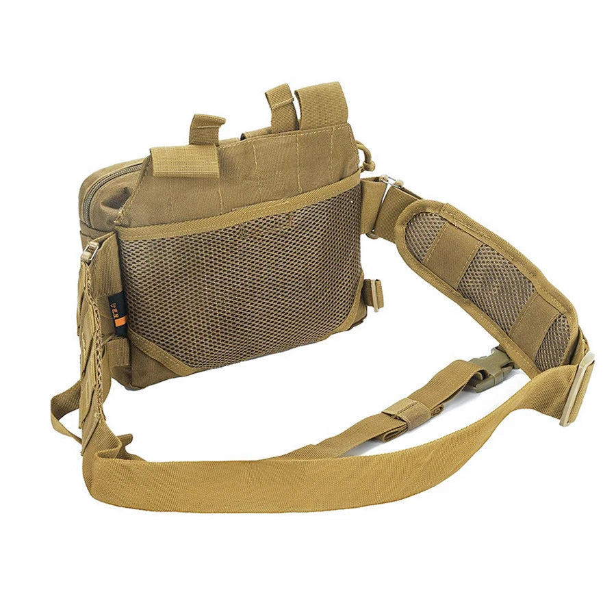 Cycling hiking bag, field camping portable bag, double zipper multi compartment MOLLE webbing system, hidden expandable mesh bag