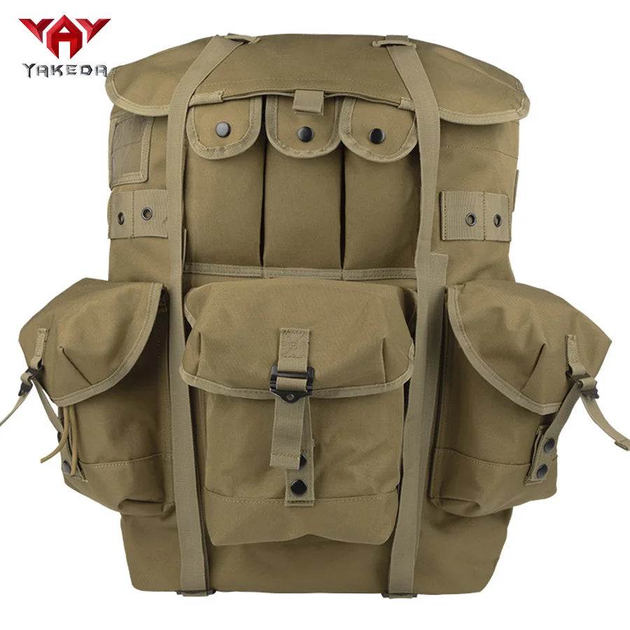 Hot selling iron frame olive green backpack for mountaineering, large capacity camping supplies backpack
