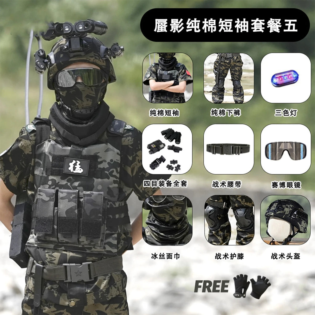 Kid's Camouflage Set with Tactical Helmet Gear Accessories for Airgun Paintball Shooting Special Forces Children's Training Suit