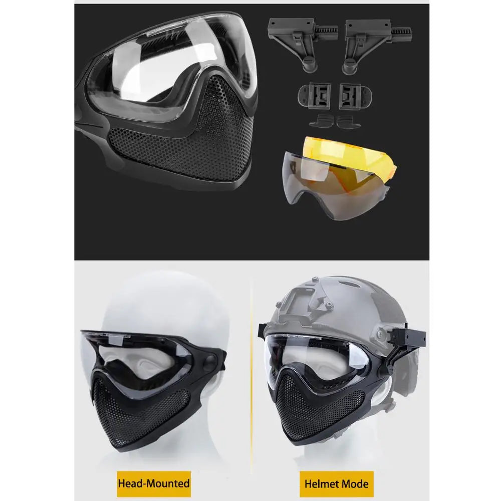 Tactical Full Face Mask Paintball Airsoft Cs Shooting Steel Mesh Breathable Protective Head/ Helmet Wearing Masks Hunting Gear