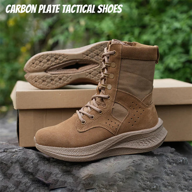 Men's Brown Tactical Boots Suede Cowhide Side Zipper Desert Boots Puncture Resistant Water Repellent For Hiking Camping Hunting