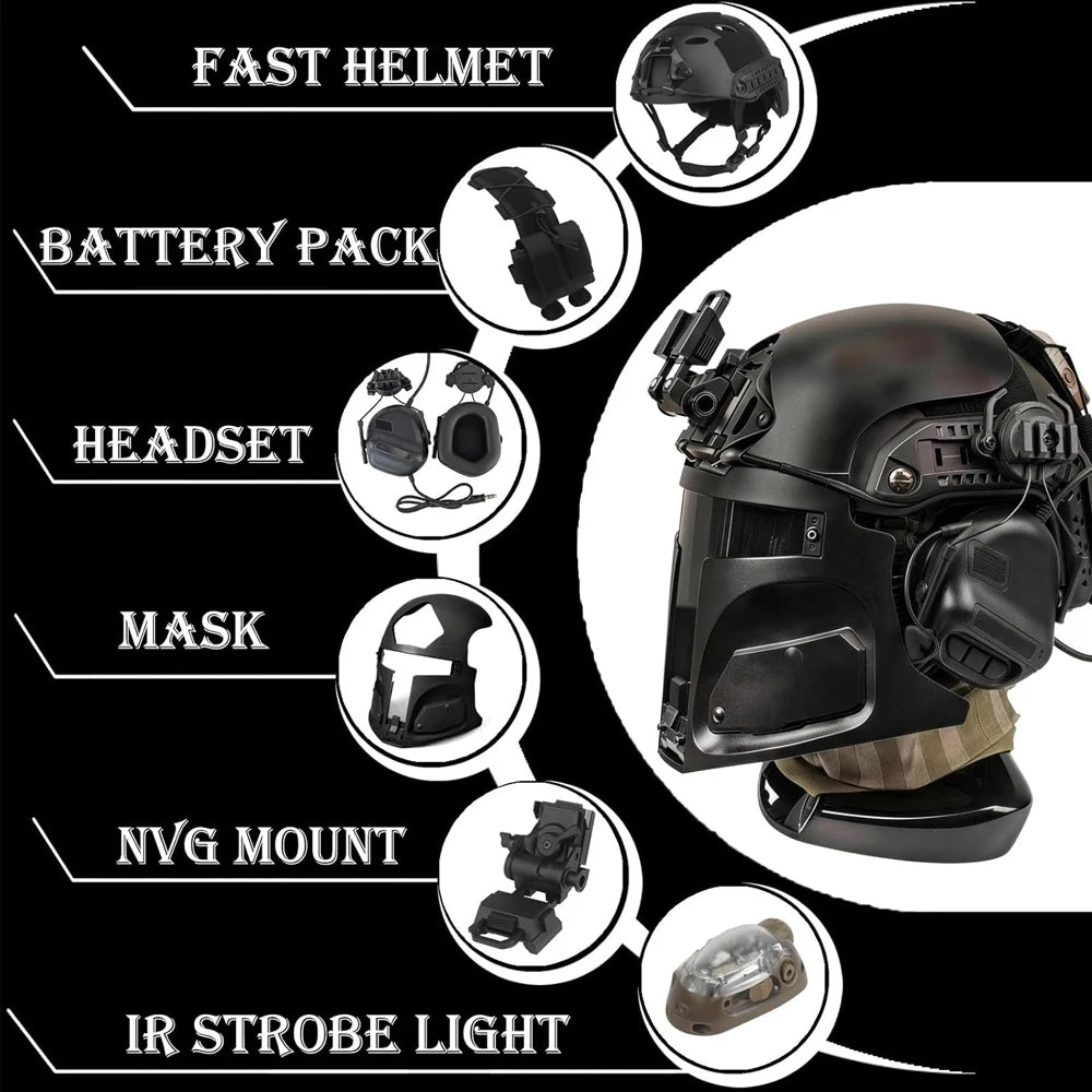 6-in-1 Galactic Bounty Hunter Helmet with Earphone Signal Light Fast Tactical Helmet Futuristic Mask Sci-Fi Cosplay Airsoft Set