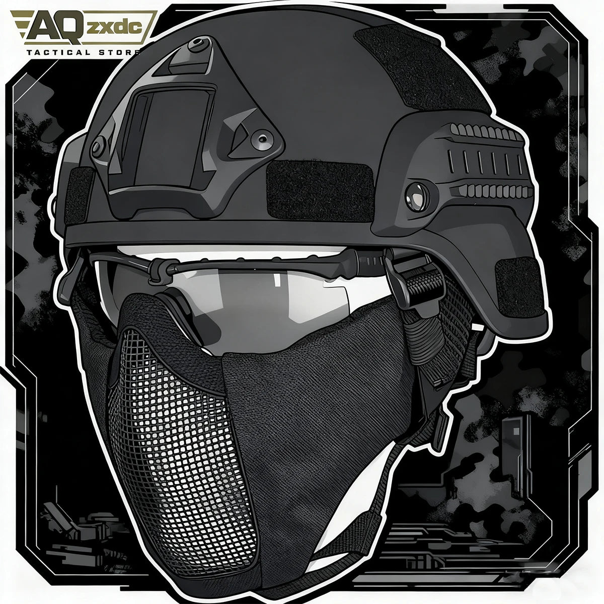 AQzxdc Mich 2000 Style ACH Tactical Helmet with Foldable Ear Protection Dual Straps Half Face Mesh Mask - Goggles for Paintball