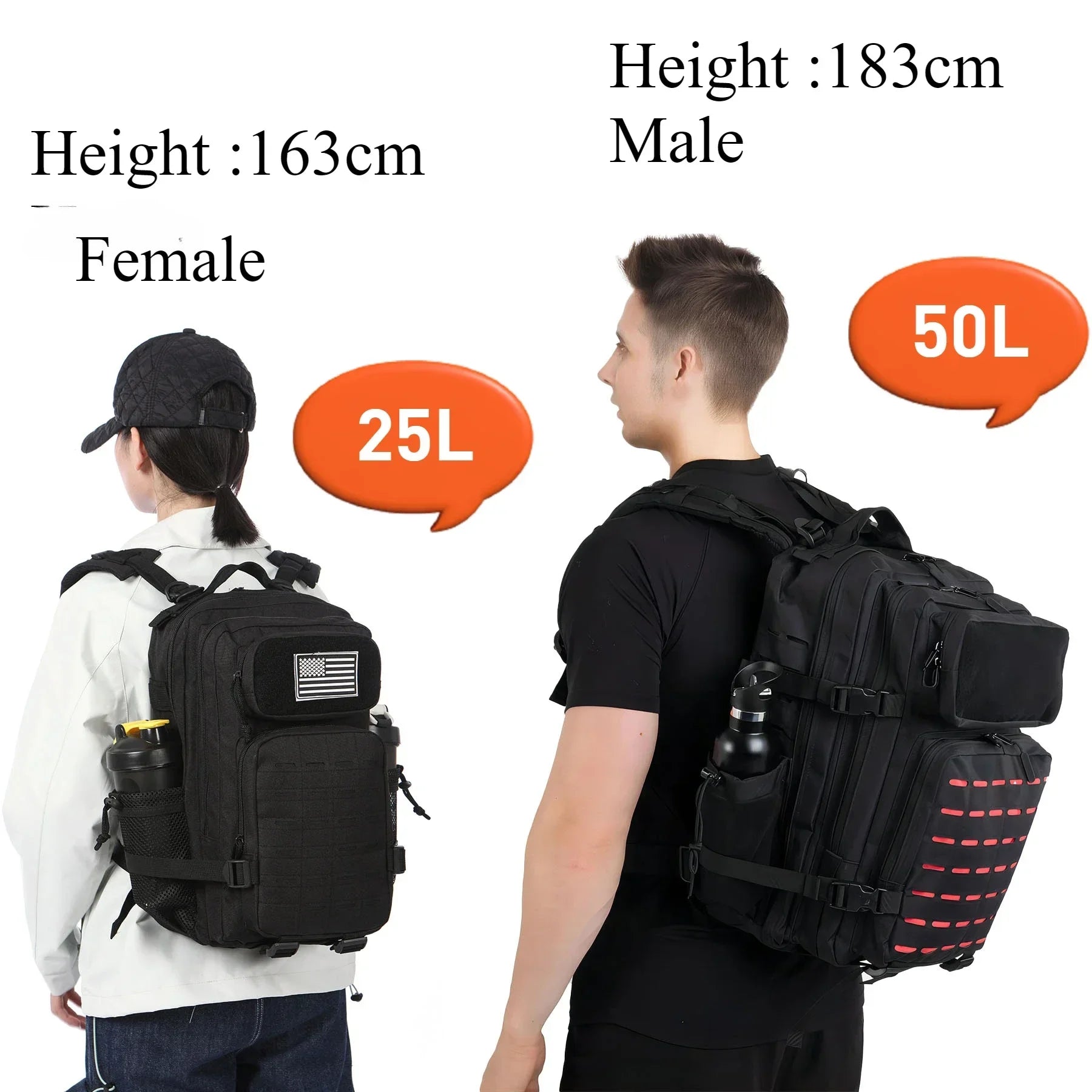 25L/50L Waterproof with 2 Bottle Holders Backpack Gym Outdoor Travel Hiking Fishing Trekking Backpacks 13inch Laptop Bag