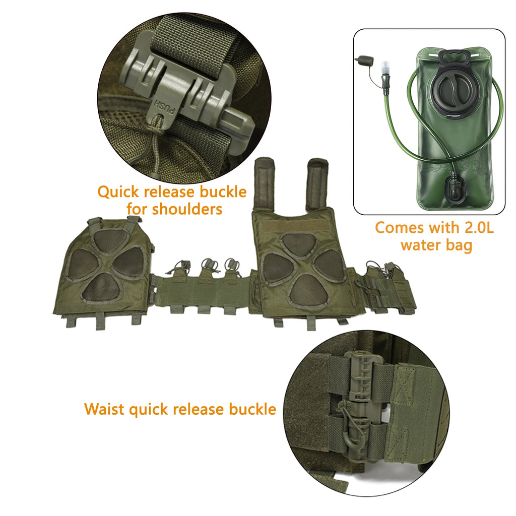 Laser cutting quick detachable adjustable hunting vest+2.0L soft water bag with straw bite nozzle suitable for outdoor sports