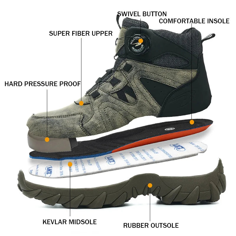 Topfight Mid Cut Green Color Safety Boots Rotating Button Steel Toe Anti-puncture Work Shoes Security Protective Boots Size 48