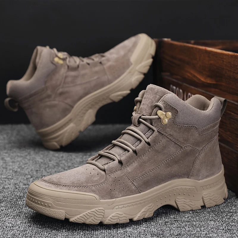 Suede Leather Ankle Boots for Men Hand High-top Hiking Shoes Outdoor Non-slip Male Motocross Boots Versatile Leisure Walk Botas