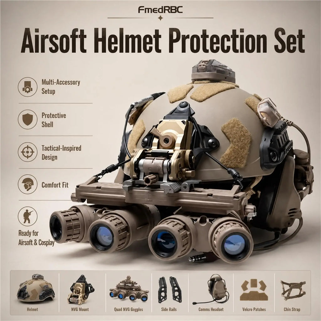 Tactical Helmet Set with Quad Dummy NVG Goggles Comms Headset Signal Light Airsoft Helmet Gear for Cosplay Paintball Training