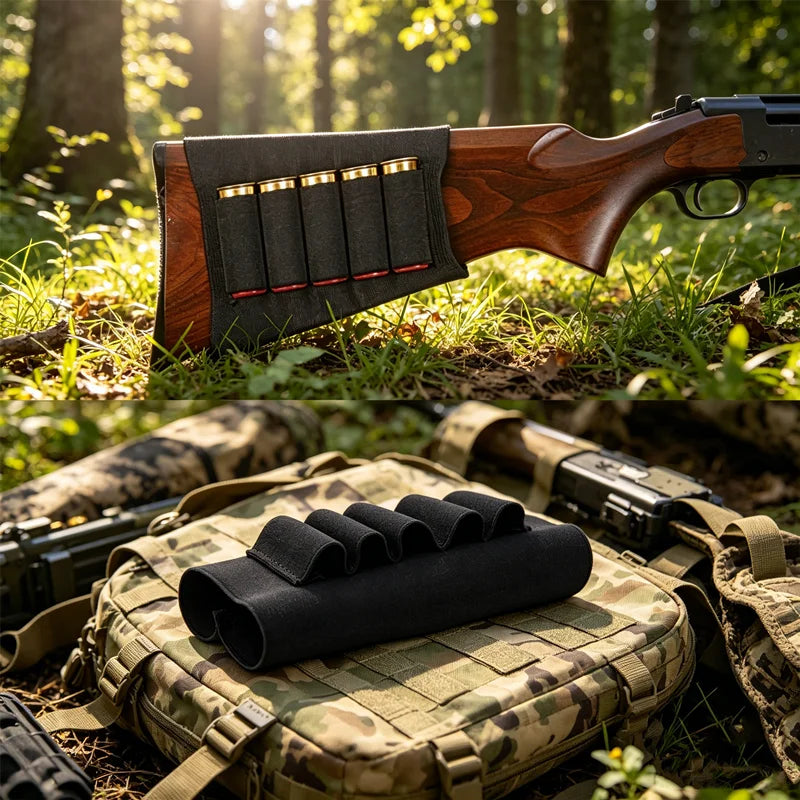 Buttstock Shell Holder 5-Round Elastic, Anti-Slip Pouch 12GA 20GA , Tactical Hunting Gear  Storage for Field