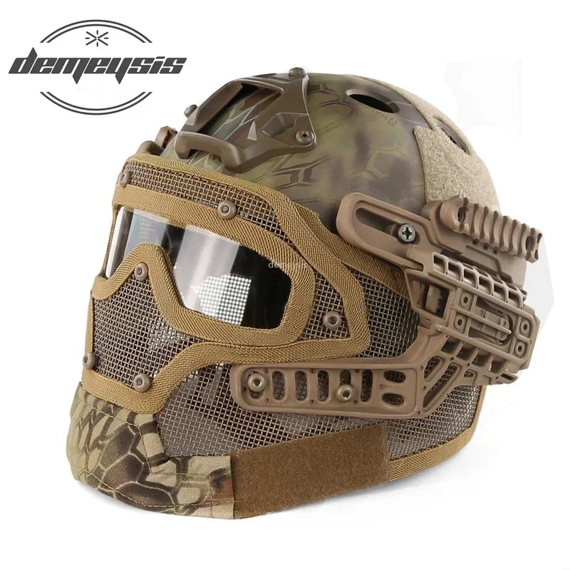 Full Covered Airsoft Helmet Camouflage Tactical Shooting Paintball Protection Helmet Adjustable Hunting Wargame Mask Helmets Set
