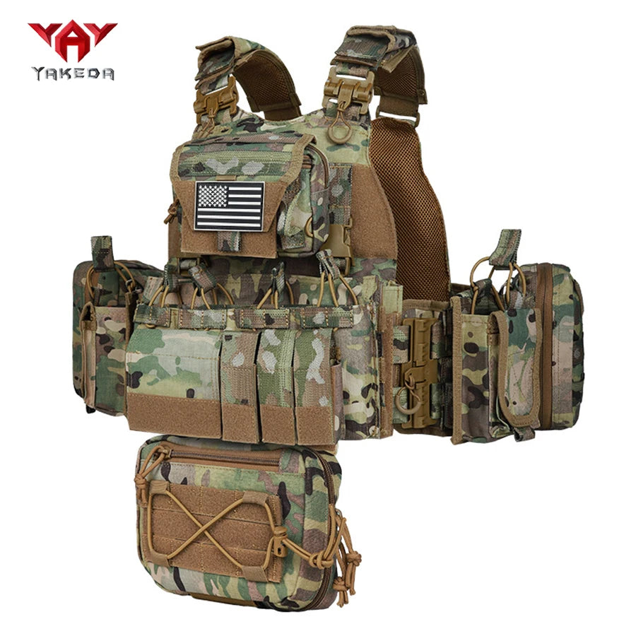 YAKEDA modular quick release outdoor camouflage vest with multiple accessories, partitioned storage, replaceable front panel