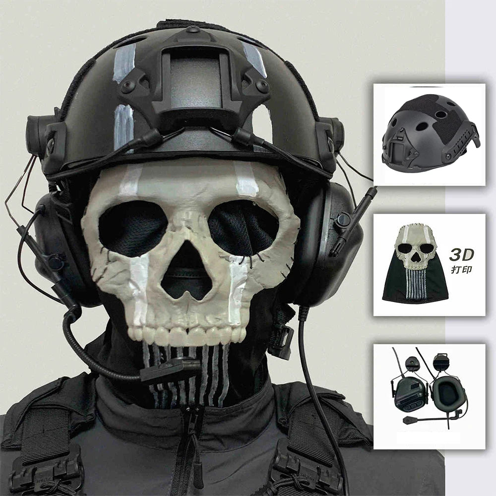 Tactical Airsoft Helmet Set with COD Ghost Skull Mask Communication Headset Foureye NVG Model Signal Light for CS Paintball Game