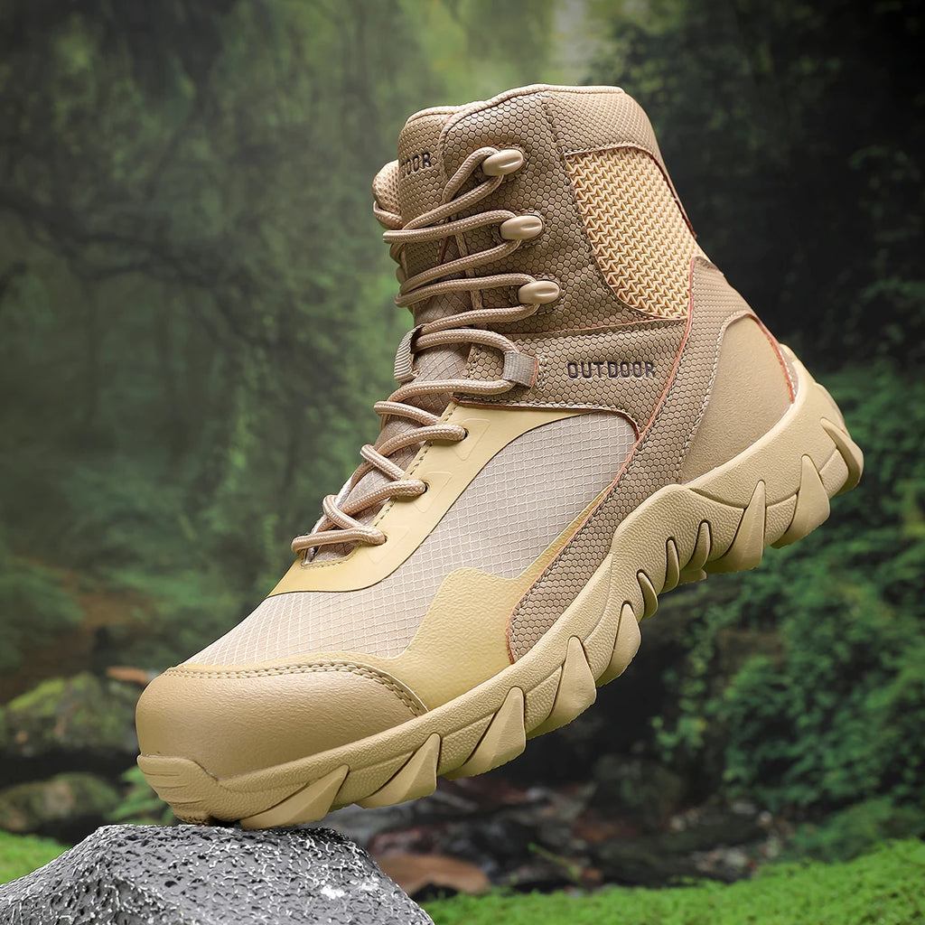 Outdoor tactical boots, camping and hiking boots, high-top military-style training boots, hunting boots.