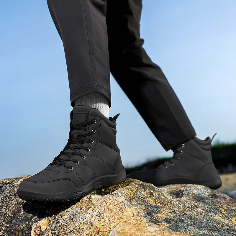 Outdoor Wide Toe Barefoot Men Hiking Boots Minimalist Leather Ankle Boots Zero Soles Winter Couple Walking Casual Sneakers