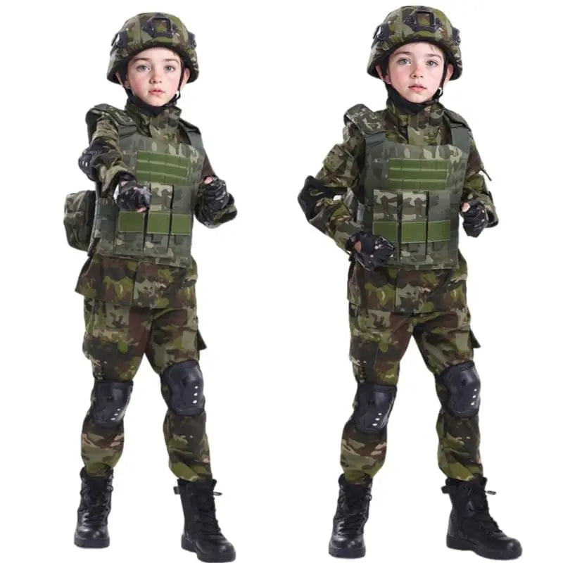 Kids Military Combat Costume with Tactical Vest Airsoft Helmet Telescope Outdoor Performance Children's Training Uniform Set