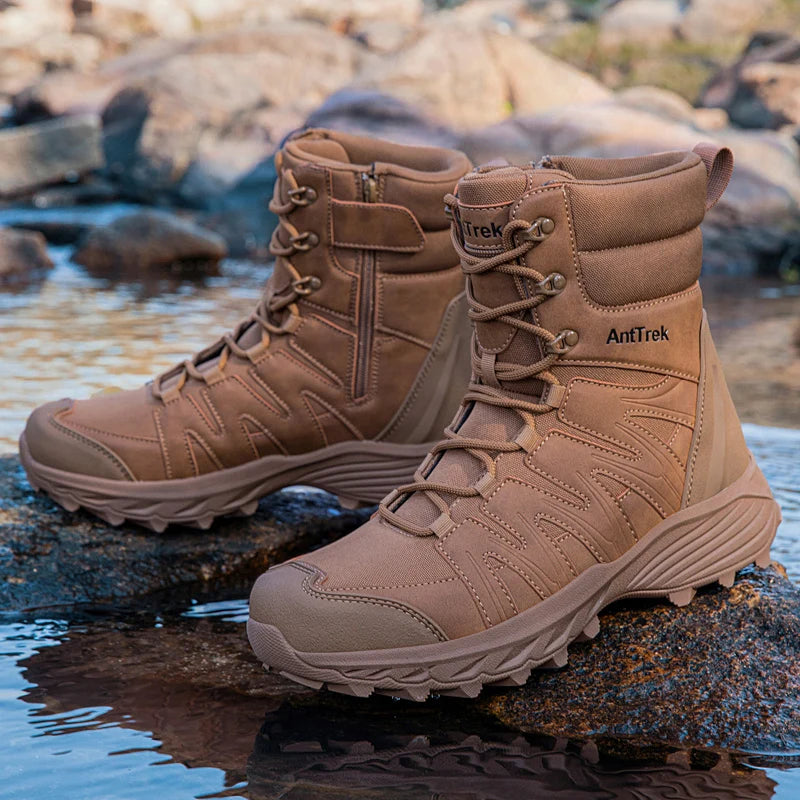 Men Tactical Boots Lace Up High Top Men's Hiking Shoes Waterproof Leather Hunting Sneakers Non-slip Outdoor Field Training Boots