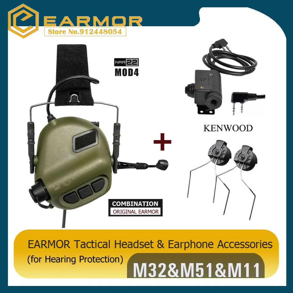 OPSMEN EARMOR Shooting  Headset & ARC Rail Adapter & M51 PTT Adapter Set for Radio Communication Shooting Noise Clearance