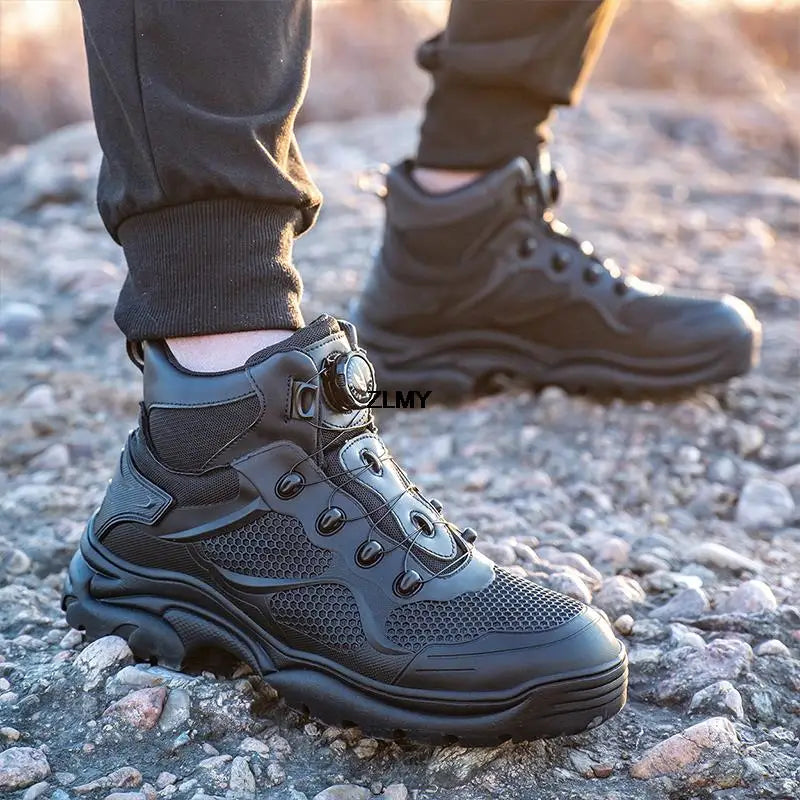 Rotated Buckle Men's Work Safety Boots Steel Toe Safety Shoes Anti-smash Anti-stab Sneaker Men High Top Rubber Safety Work Boots