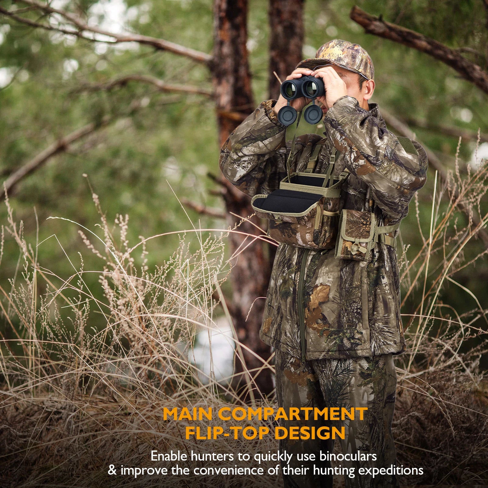 NEW VIEW Quiet Binocular Harness Chest Pack with Detachable Rangefinder Pouch, Adjustable Bino Harness & Rain Cover
