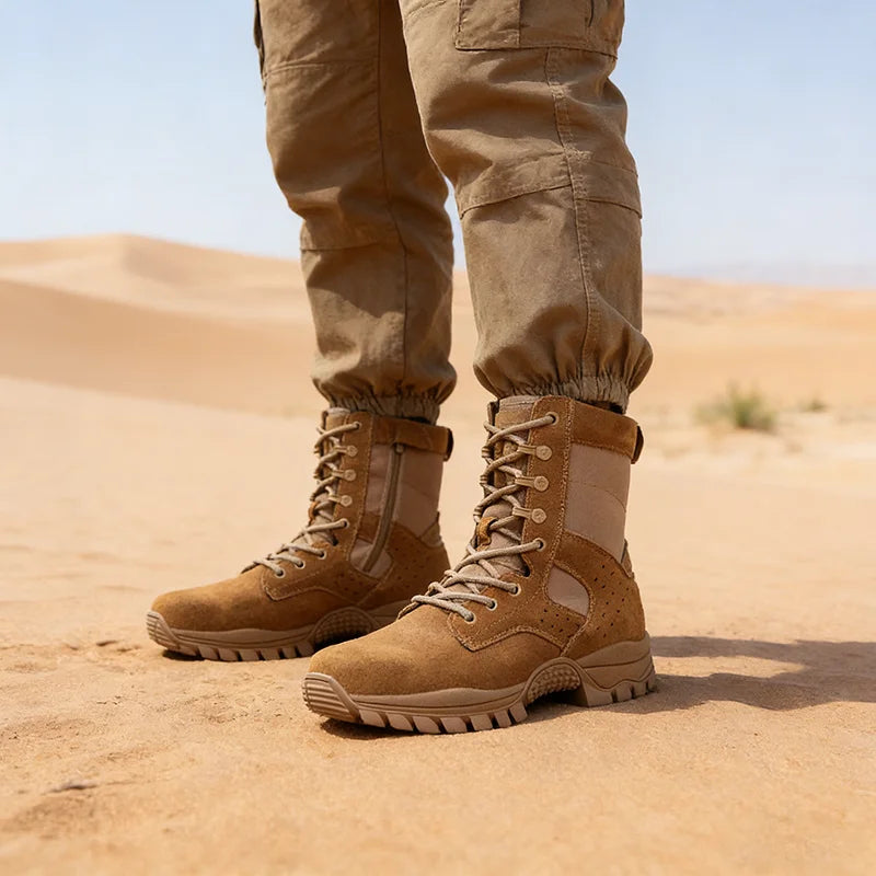 Men's Brown Tactical Boots Suede Cowhide Side Zipper Desert Boots Puncture Resistant Water Repellent For Hiking Camping Hunting