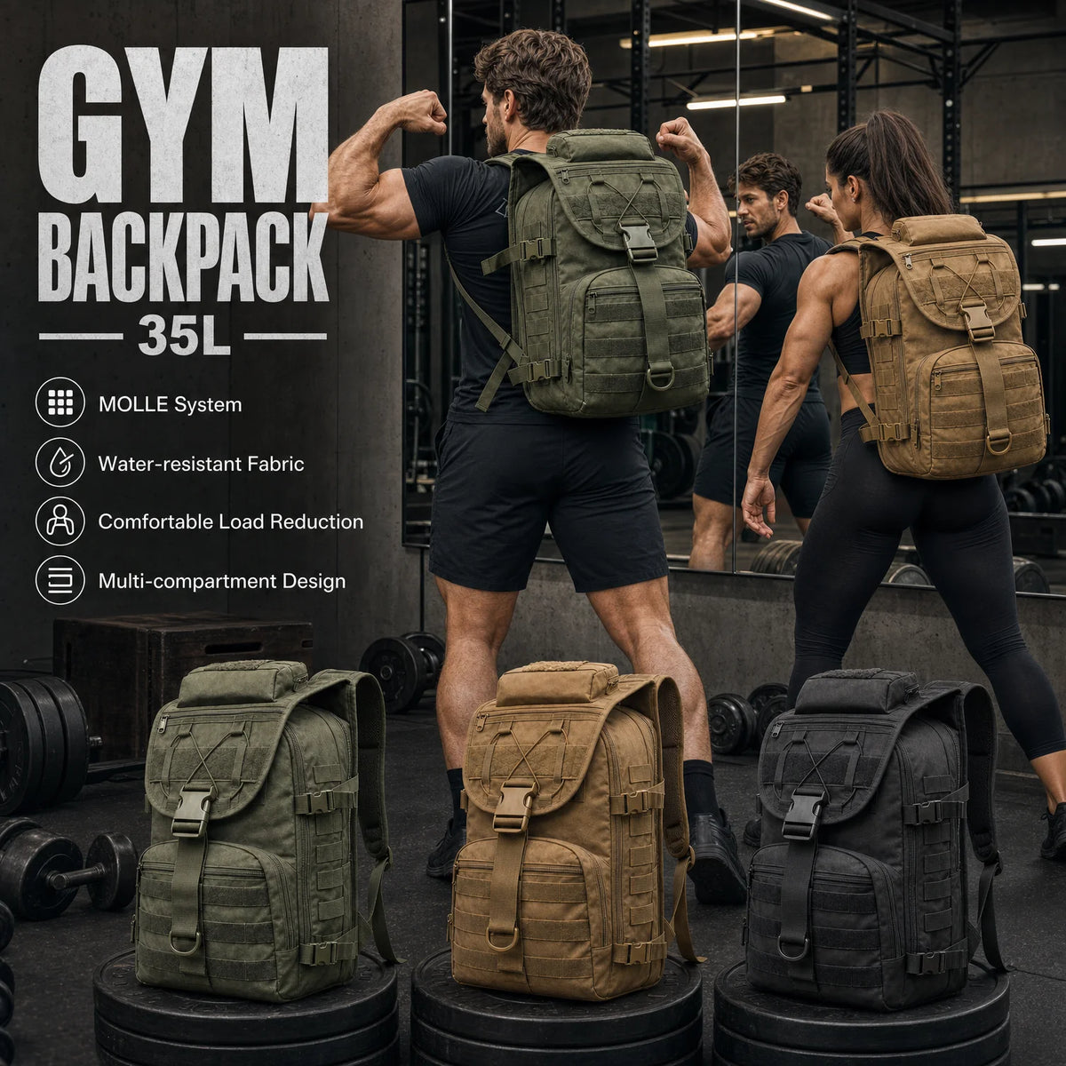 35L Gym Training Backpack for Men with MOLLE System & Smooth Zipper, Tactical Fitness Rucksack for Weightlifting CrossFit Cardio Workout Equipment Storage