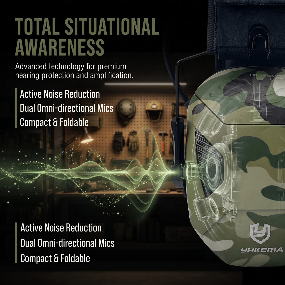 YHKEMA Electronic Shooting Earmuffs NRR 23dB Active Noise Reduction 4X Sound Amplification Hearing Protection For Hunting
