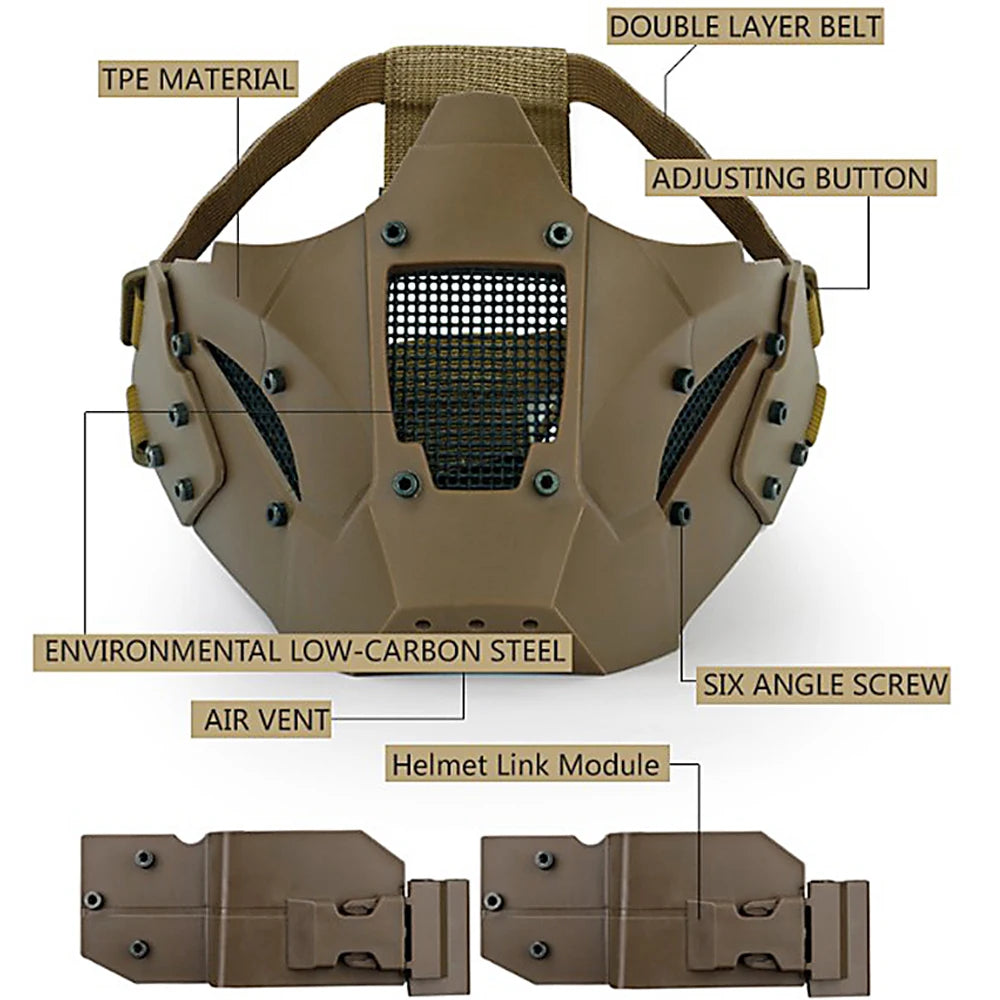 BOOIU Tactical Helmet Mask Half-Face Iron Mesh Windproof Mask Air Gun Headdress Outdoor Sports Cycling Mask Hunting Accessories