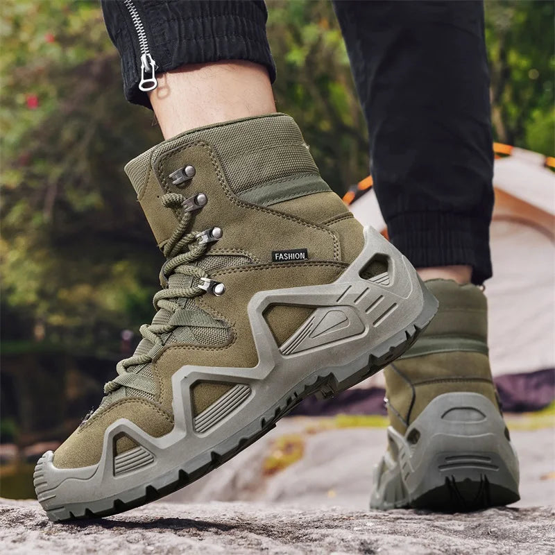 Outdoor Suede Leather Hiking Shoes Men Non-slip Training Mountain Trekking Boots Men Green Combat Tactical Boots Plus Size 46