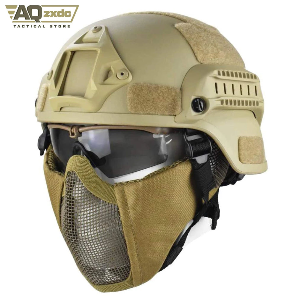 AQzxdc Mich 2000 Style ACH Tactical Helmet with Foldable Ear Protection Dual Straps Half Face Mesh Mask - Goggles for Paintball