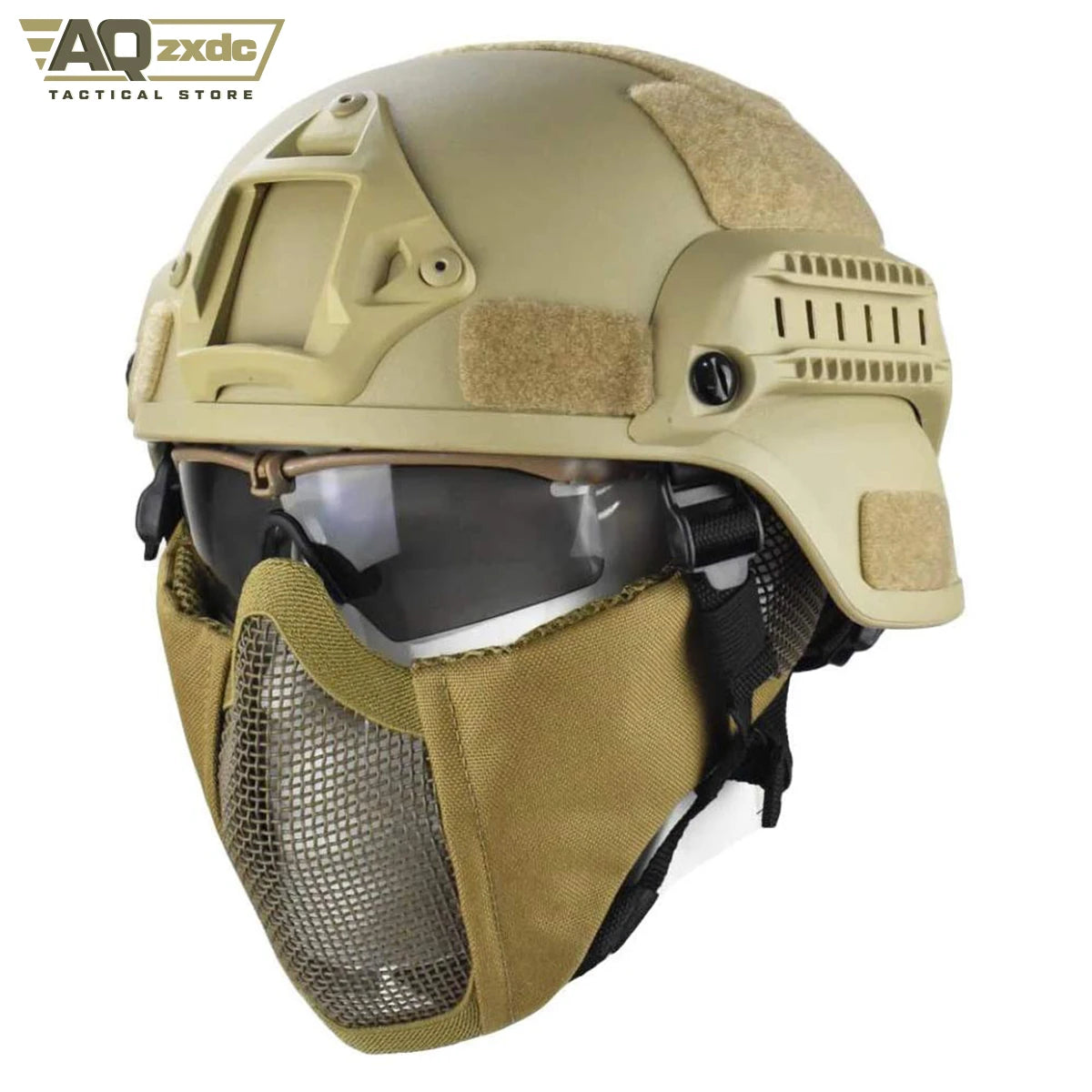 AQzxdc Mich 2000 Style ACH Tactical Helmet with Foldable Ear Protection Dual Straps Half Face Mesh Mask - Goggles for Paintball