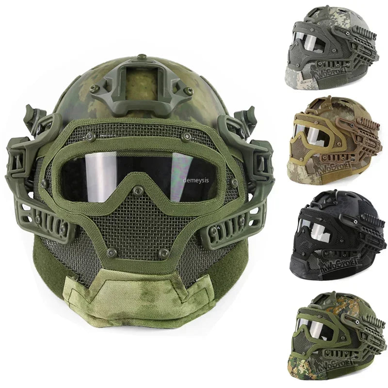 Full Covered Airsoft Helmet Camouflage Tactical Shooting Paintball Protection Helmet Adjustable Hunting Wargame Mask Helmets Set