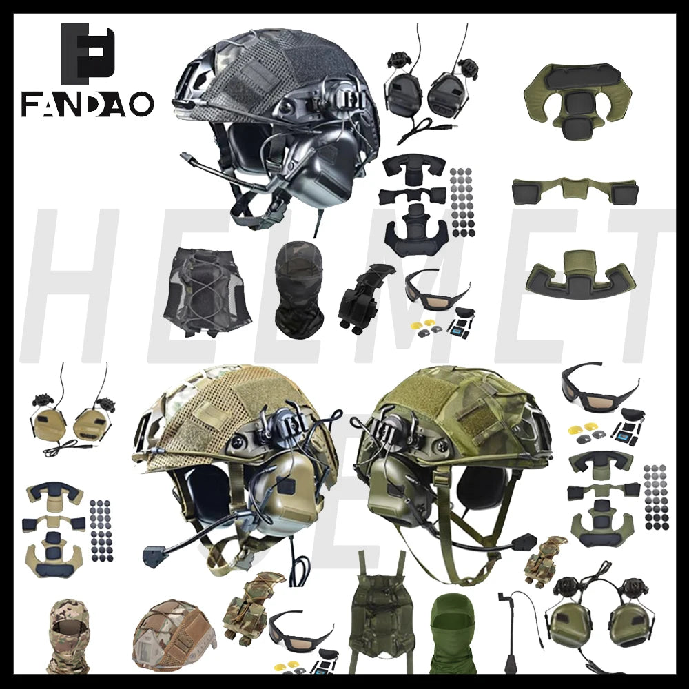 Airsoft Fast Helmet Set Tactical Paintball Helmet with Headset Memory Foam Protective Pad Adjustable Size for Adult Teenager