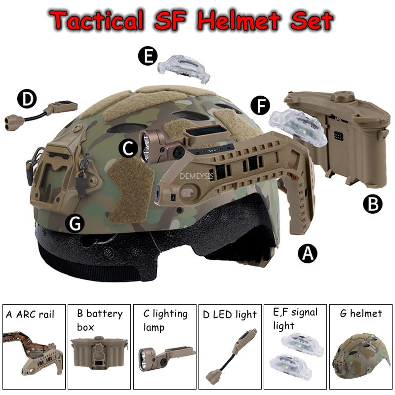 Tactical FAST SF Helmet Outdoor Hunting Shooting Airsoft Helmet Set Modular Integrated ARC Rail Battery Box with Signal Light