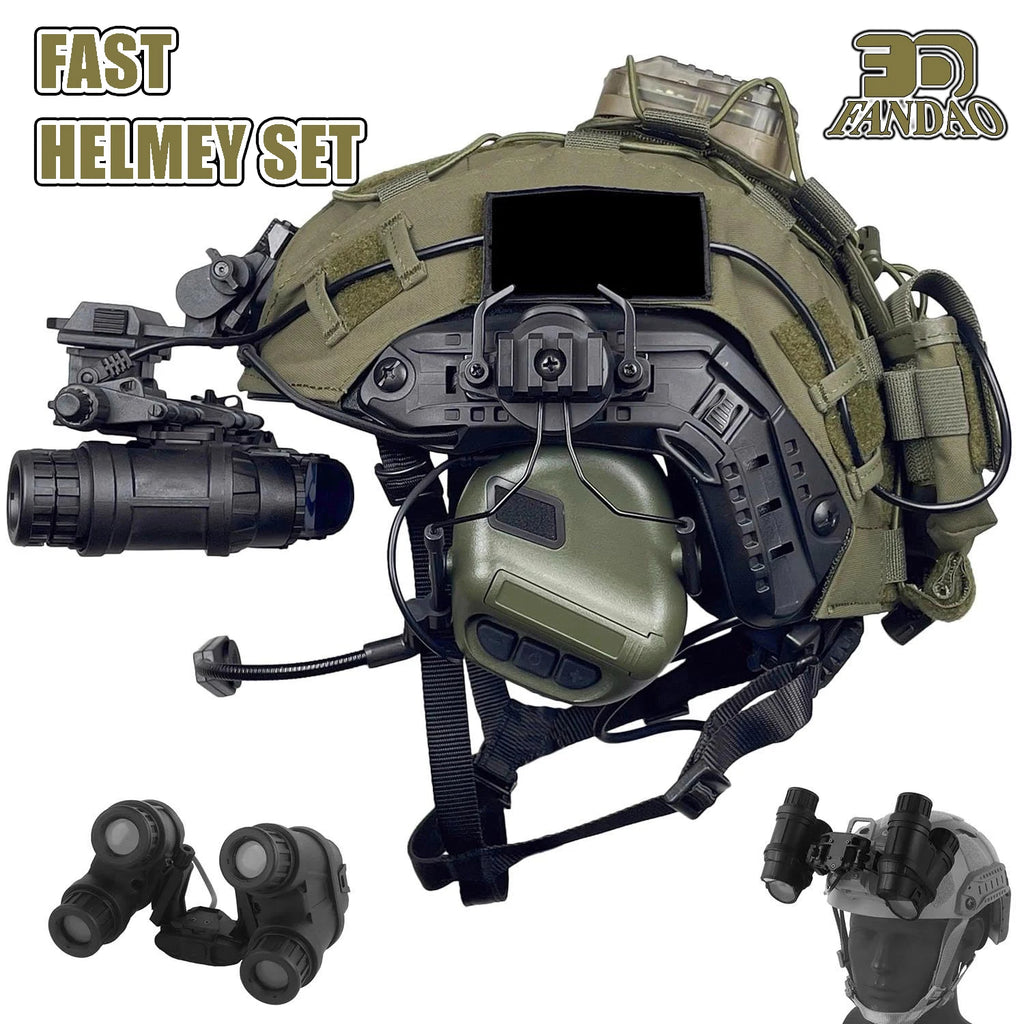 Tactical Airsoft Helmet Camo Cover Set - PJ Fast Helmet with Headset, GPNVG-18, L4G24 NVG Mount Signal Light Counterweight Pouch