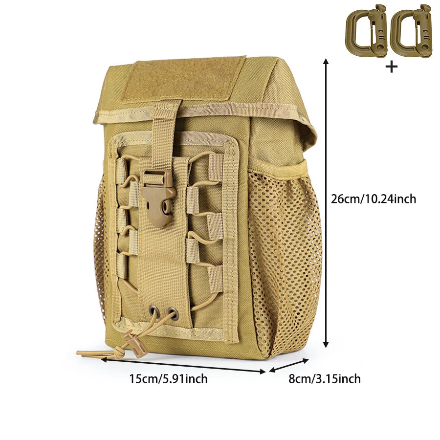 Outdoor equipment storage bag with multiple compartments and tools, comes with side mesh pockets and adjustable shoulder straps